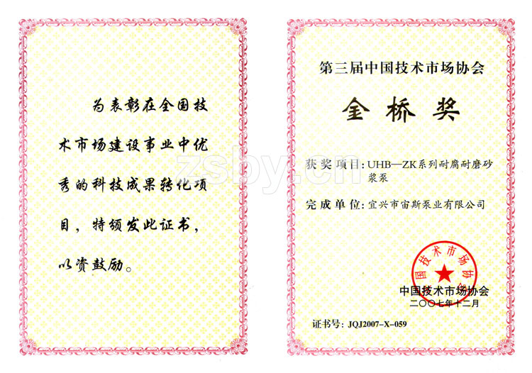 第三屆中國技術市場協會金橋獎:UHB-ZK系列耐腐耐磨砂漿泵